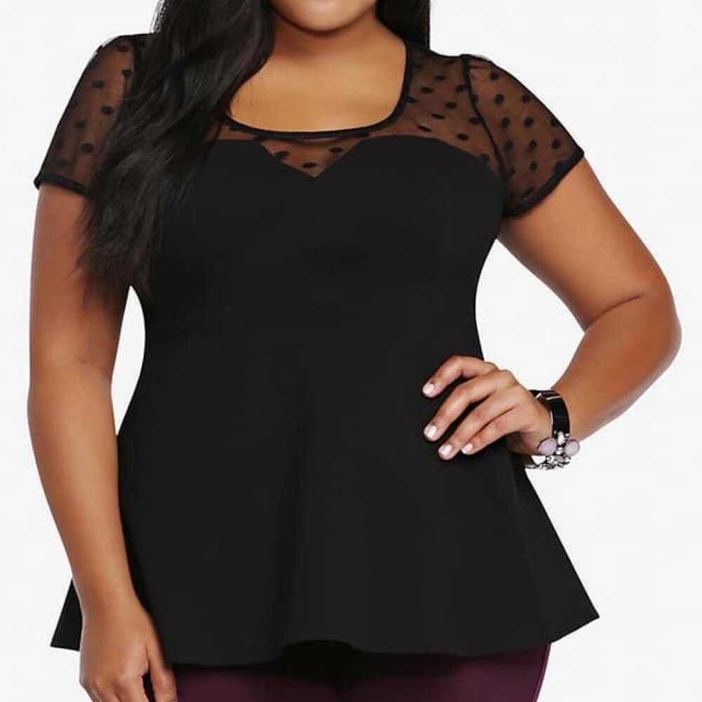 4X-26-4-  Black Sheer Polka Dot Short Sleeve Peplum Top